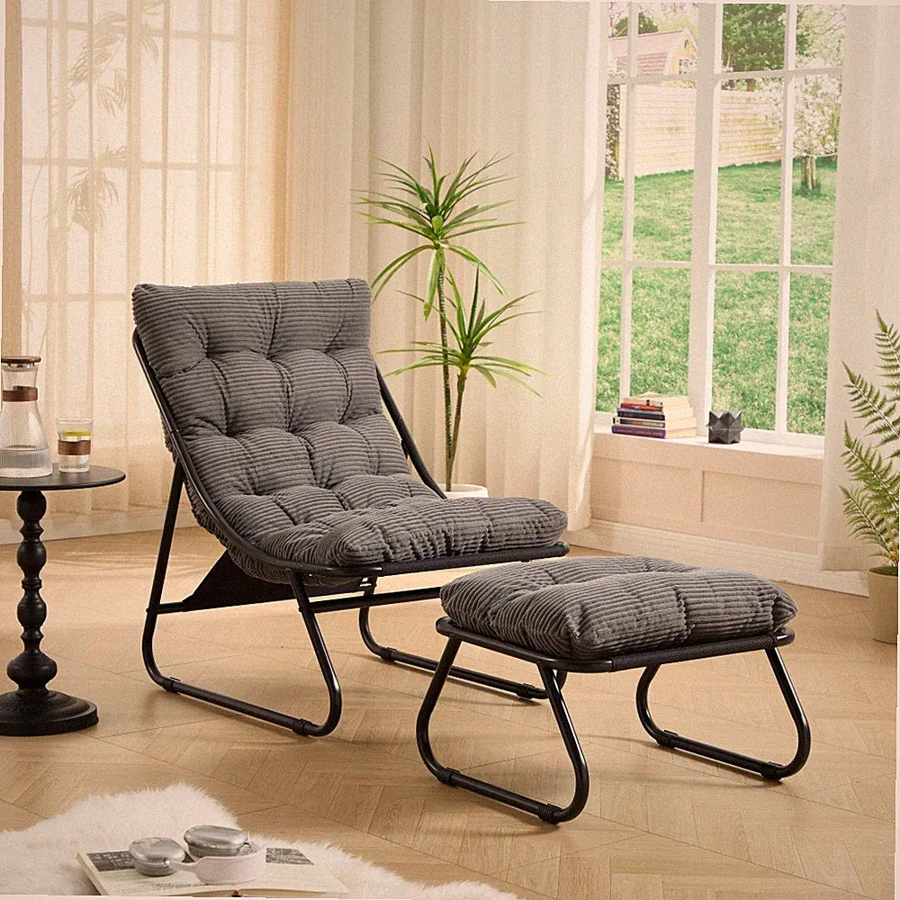 Grey Patio Chair w/ Ottoman, Sling Recliner, Puffy Cushion, Steel Frame