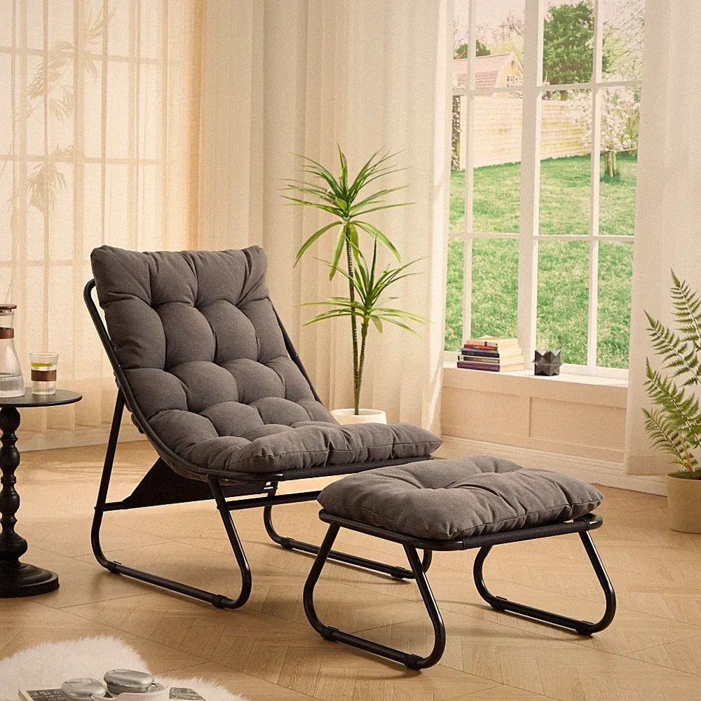 Outdoor Lounge Chair w/ Ottoman, Sling Recliner w/ Puffy Cushion, Patio, Grey