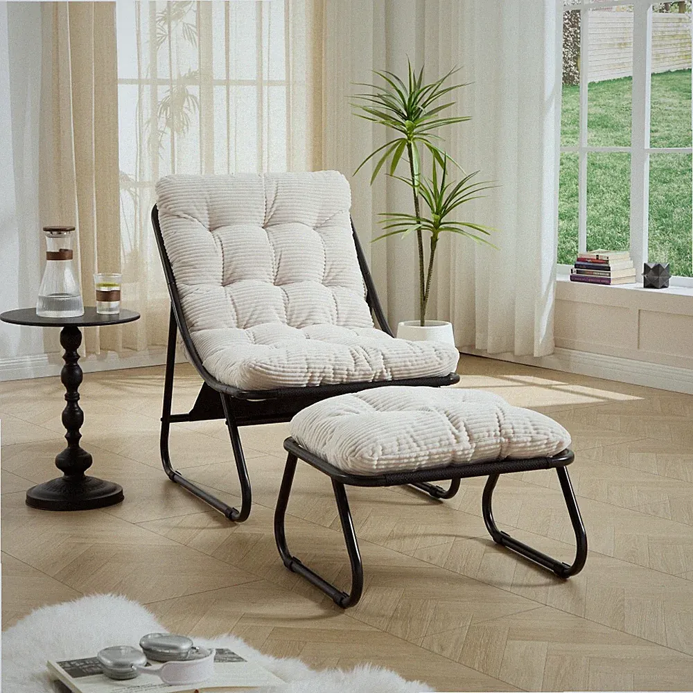 Patio Lounge Chair w/ Ottoman & Cushion, Reclining Steel Frame, 300lb Capacity