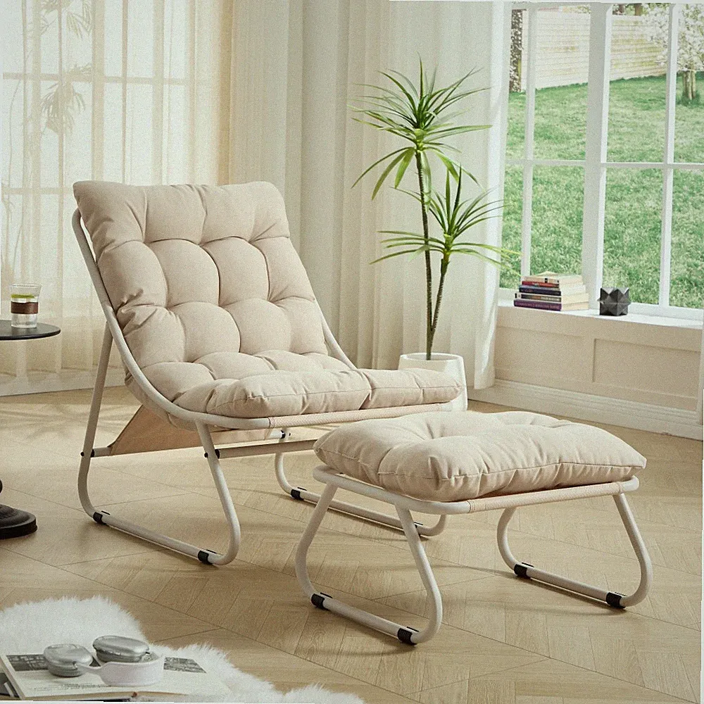 Patio Lounge Chair with Ottoman, Comfy Recliner W/ Cushion & Foot Stool, Beige