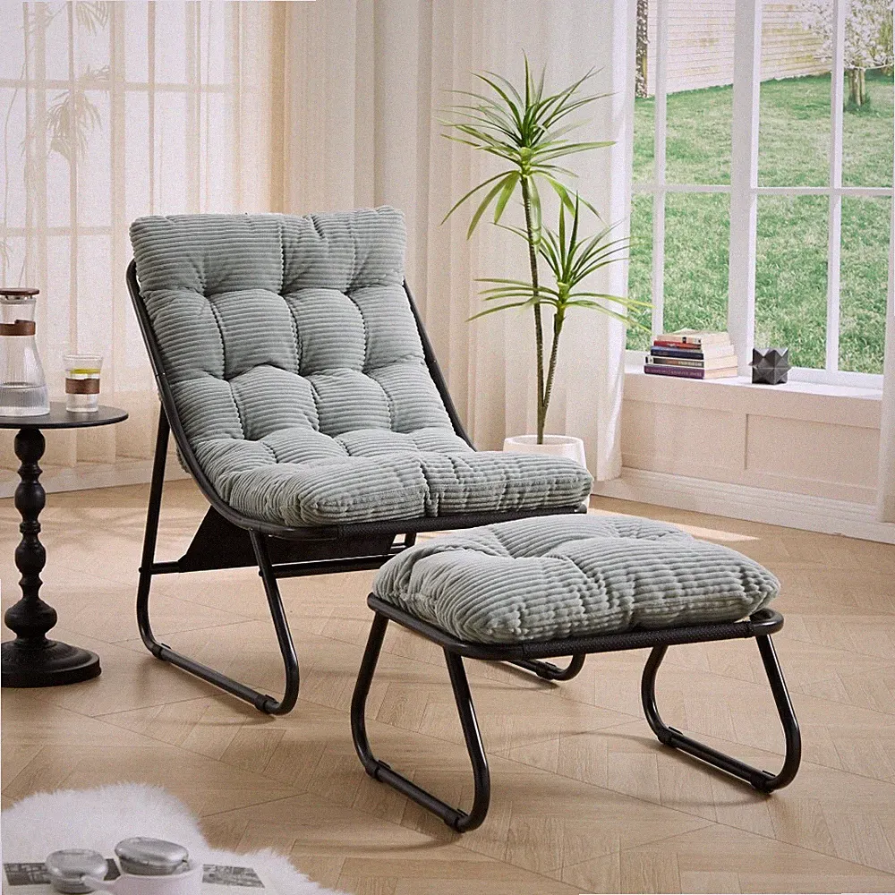 Patio Sling Recliner Chair with Ottoman & Puffy Cushion, Black & Green